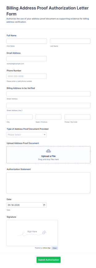 Billing Address Proof Authorization Letter Form Template