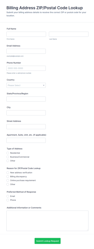 Billing Address ZIP/Postal Code Lookup Form Template