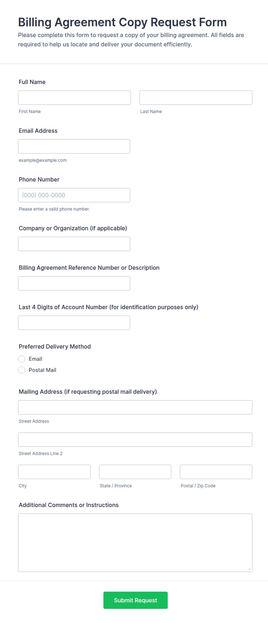 Billing Agreement Copy Request Form Template | Jotform