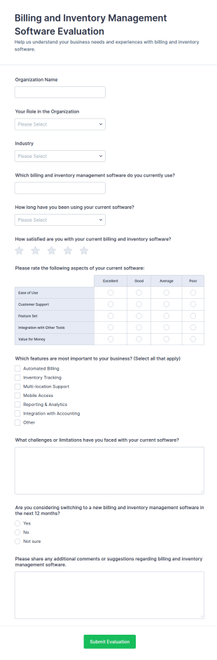 Billing And Inventory Management Software Evaluation Form Template