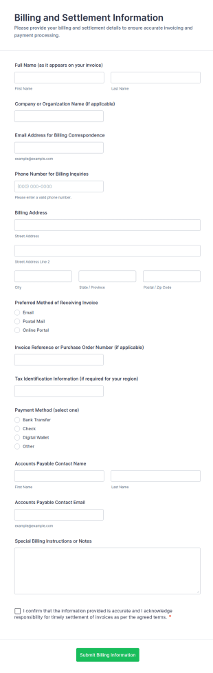 Billing And Settlement Information Form Template