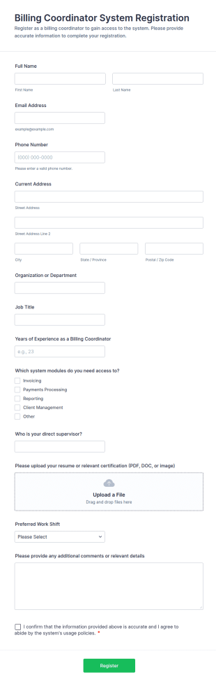 Billing Coordinator System Registration Form Template