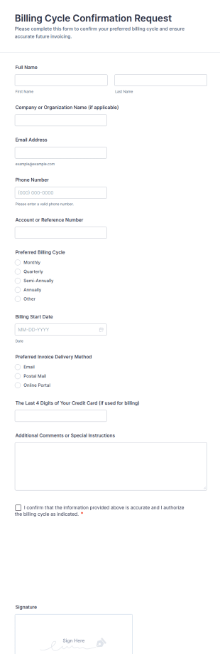Billing Cycle Confirmation Request Form Template