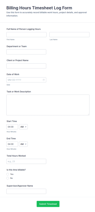 Billing Hours Timesheet Log Form Template