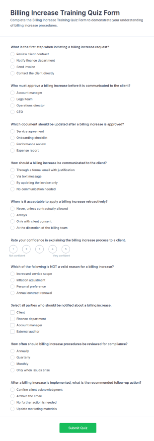 Billing Increase Training Quiz Form Template