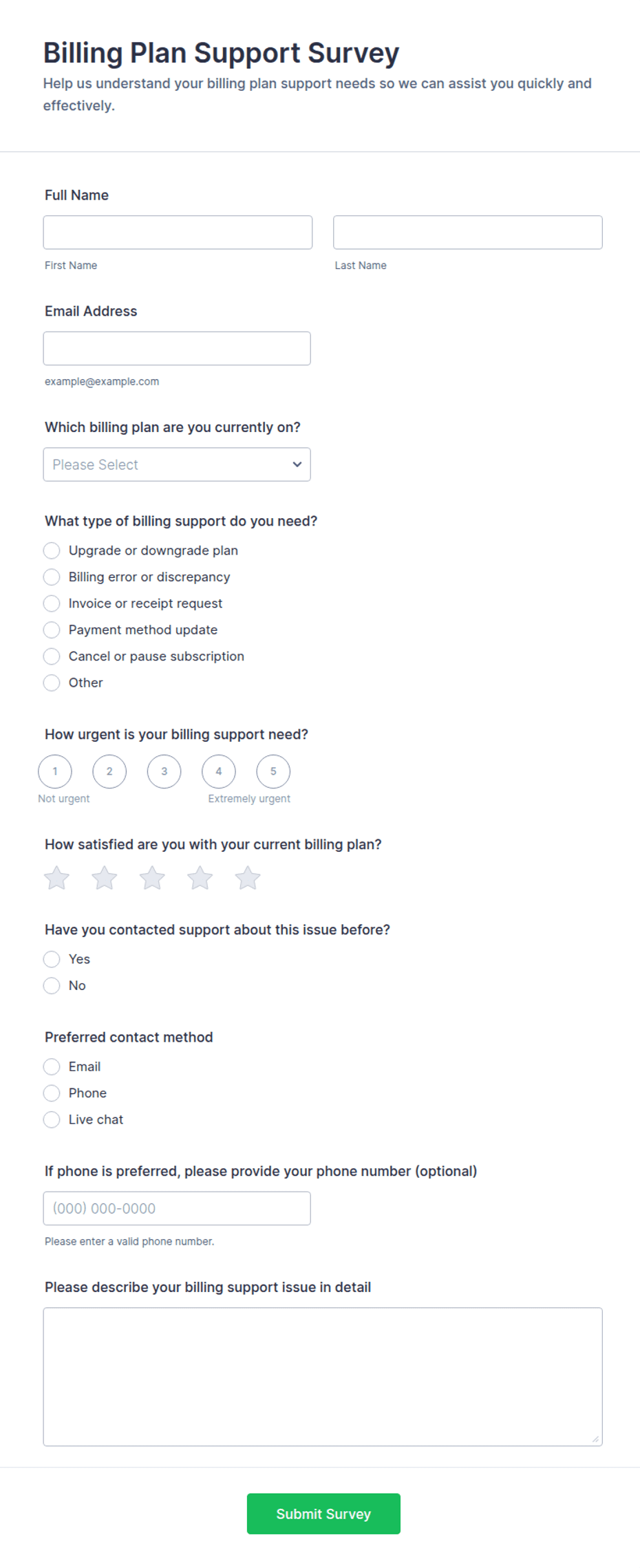 Billing Plan Support Survey Form Template | Jotform