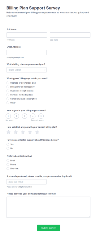 Billing Plan Support Survey Form Template