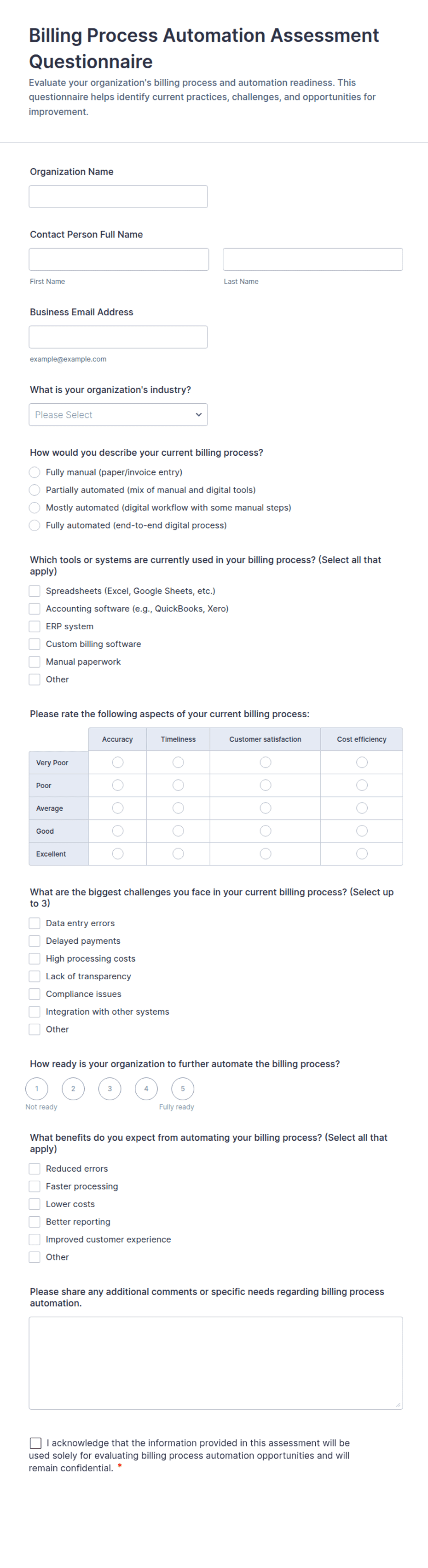 Billing Process Automation Assessment Questionnaire Form Template | Jotform