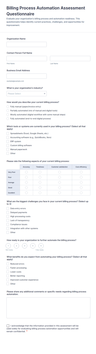 Billing Process Automation Assessment Questionnaire Form Template