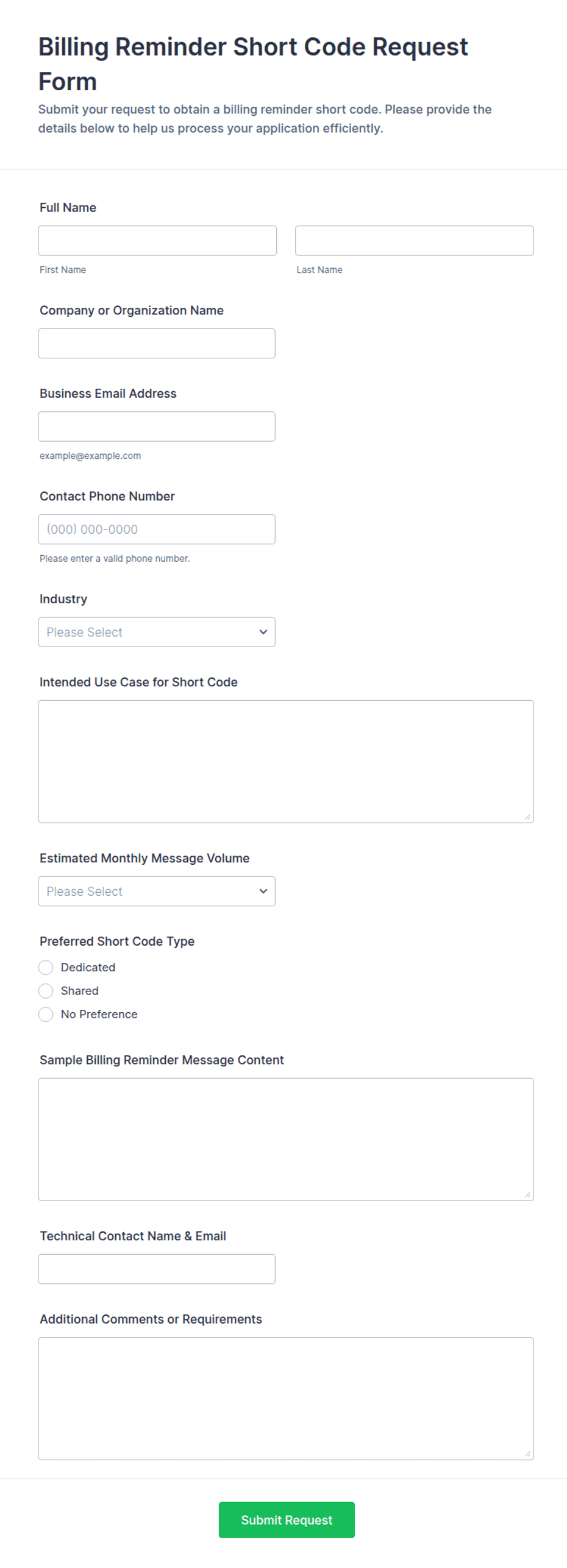 Billing Reminder Short Code Request Form Template | Jotform