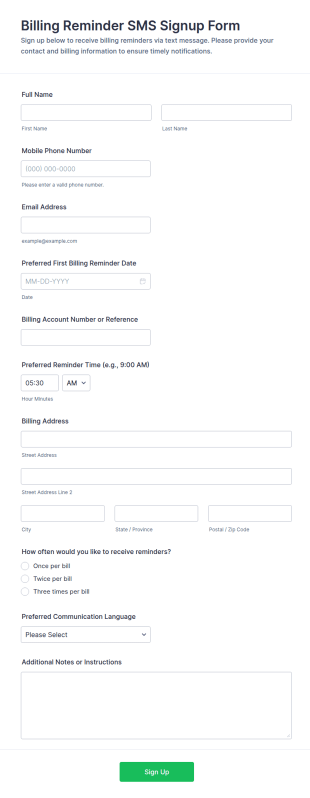 Billing Reminder SMS Signup Form Template
