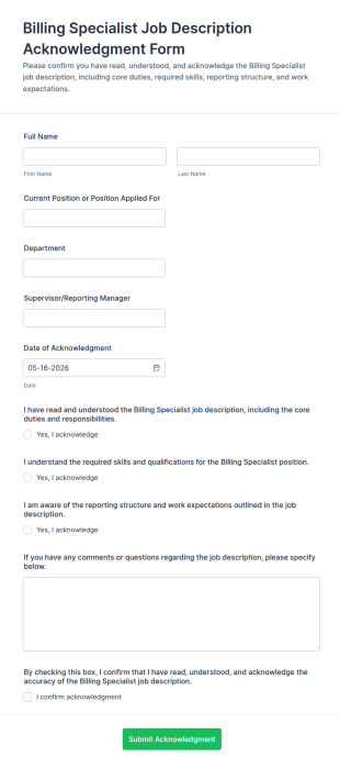 Billing Specialist Job Description Acknowledgment Form Template