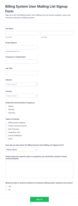 Billing System User Mailing List Signup Form Template