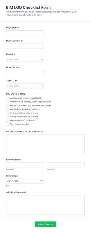 BIM LOD Checklist Form Template