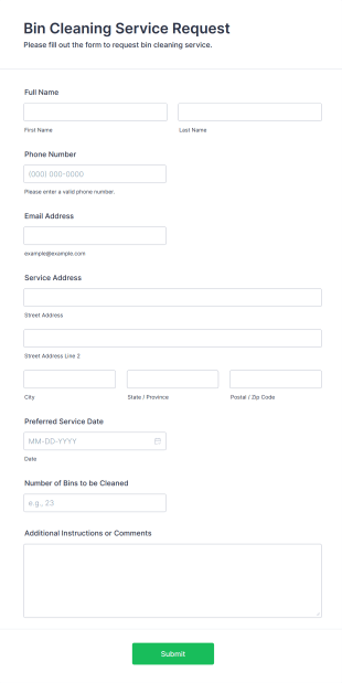 Bin Cleaning Service Request Form Template