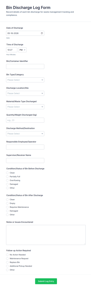 Bin Discharge Log Form Template