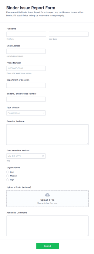 Binder Issue Report Form Template