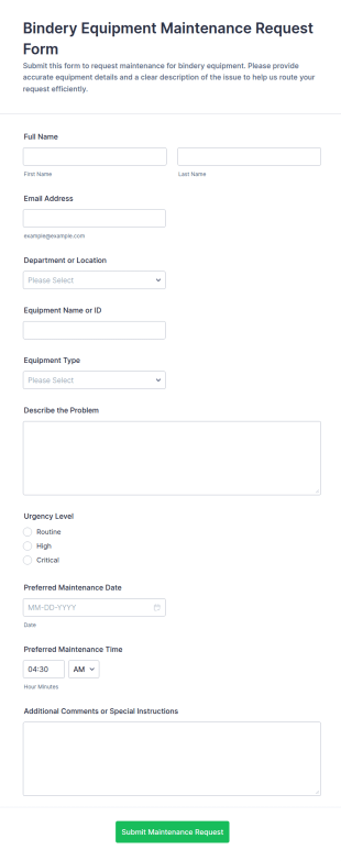 Bindery Equipment Maintenance Request Form Template