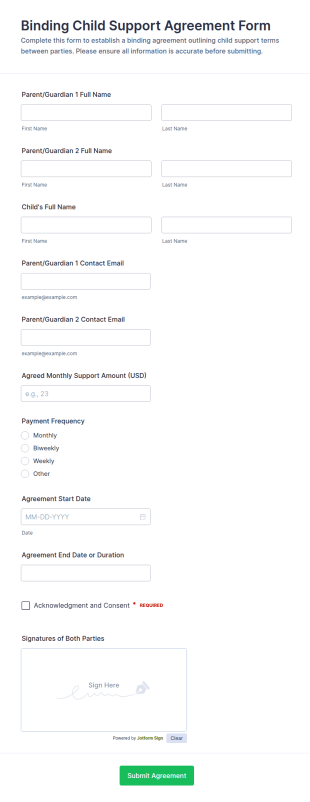 Binding Child Support Agreement Form Template