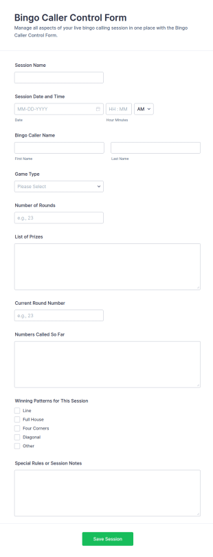 Bingo Caller Control Form Template