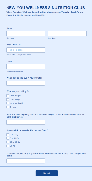 Wellness And Nutrition Club Bio Form Template