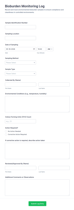 Bioburden Monitoring Log Form Template