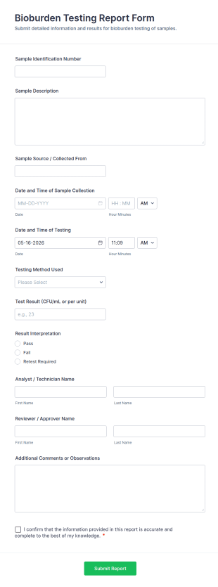 Bioburden Testing Report Form Template