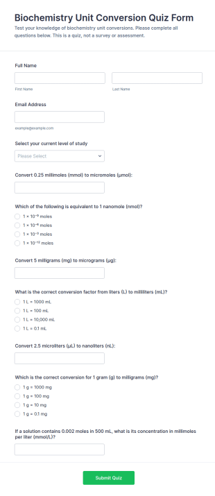 Biochemistry Unit Conversion Quiz Form Template