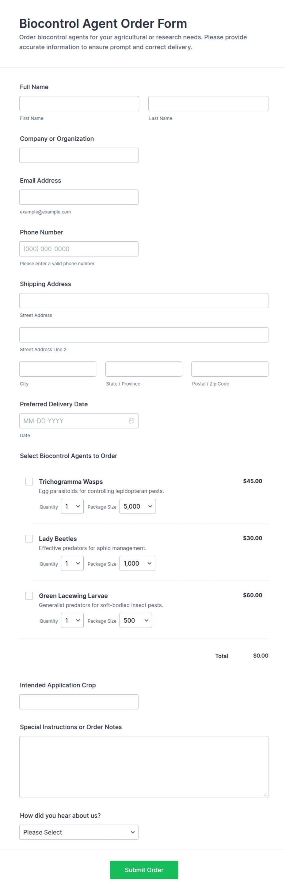 Biocontrol Agent Order Form Template | Jotform