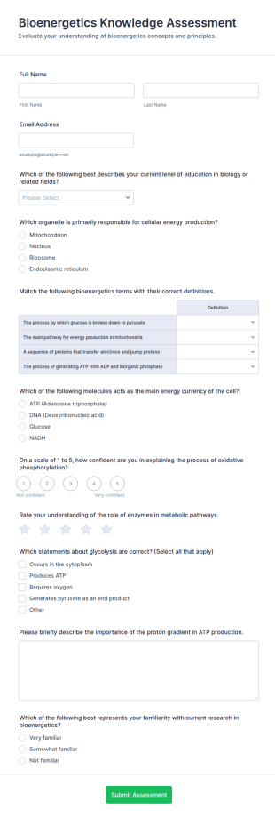 Bioenergetics Knowledge Assessment Form Template