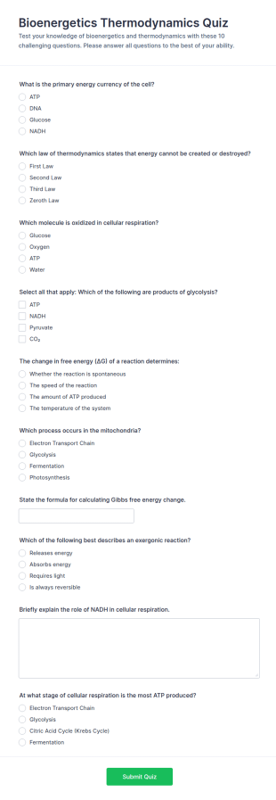 Bioenergetics Thermodynamics Quiz Form Template