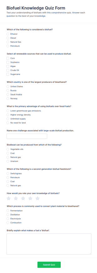 Biofuel Knowledge Quiz Form Template