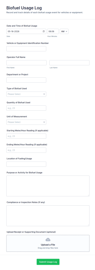 Biofuel Usage Log Form Template