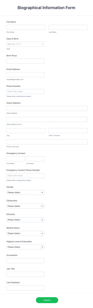 Biographical Information Form Template