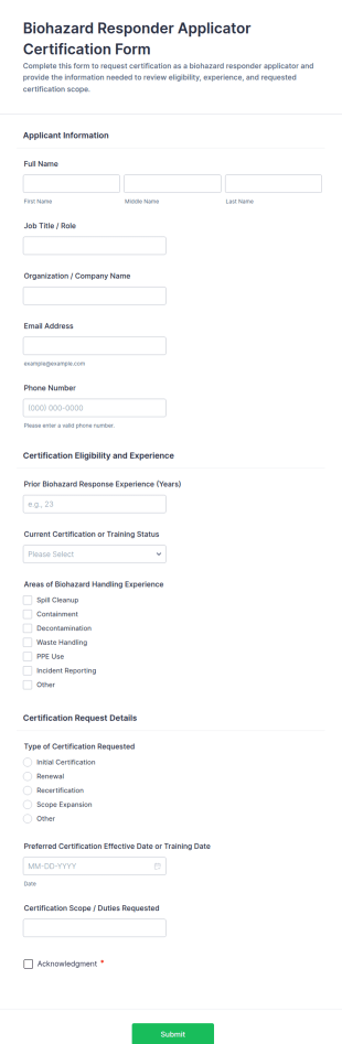 Biohazard Responder Certification Form Template