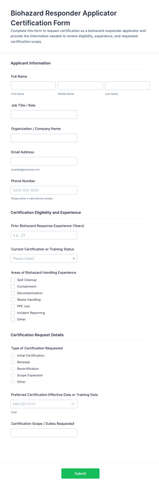 Biohazard Responder Certification Form Template