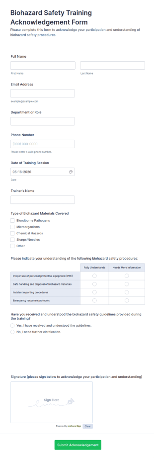 Biohazard Safety Training Acknowledgement Form Template