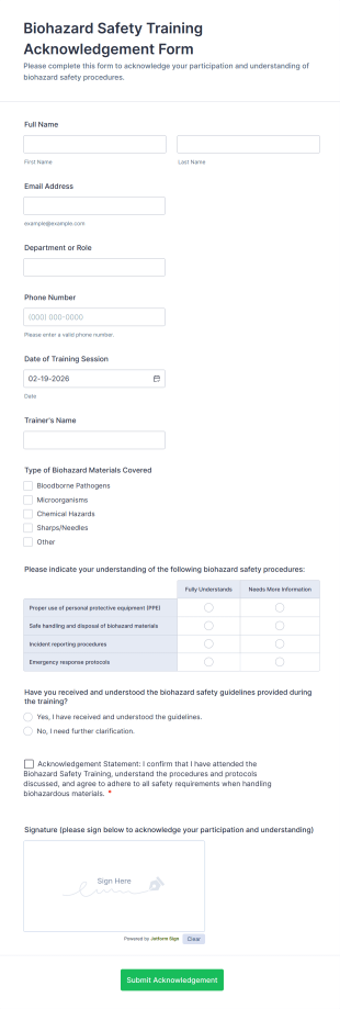 Biohazard Safety Training Acknowledgement Form Template