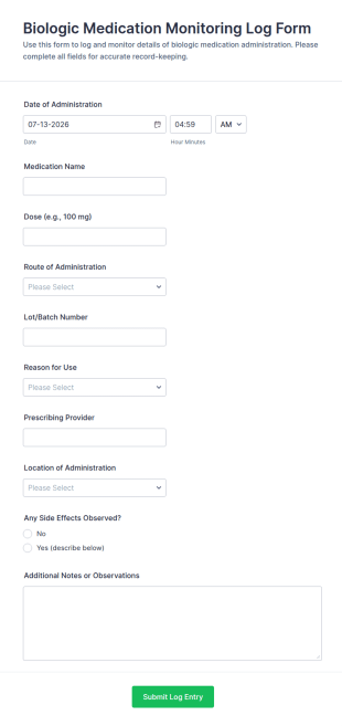 Biologic Medication Monitoring Log Form Template