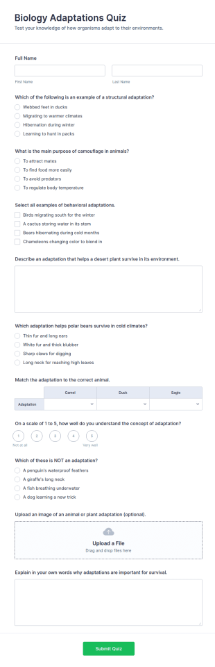 Biology Adaptations Quiz Form Template
