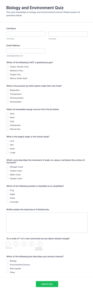Biology And Environment Quiz Form Template