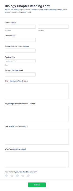 Biology Chapter Reading Form Template