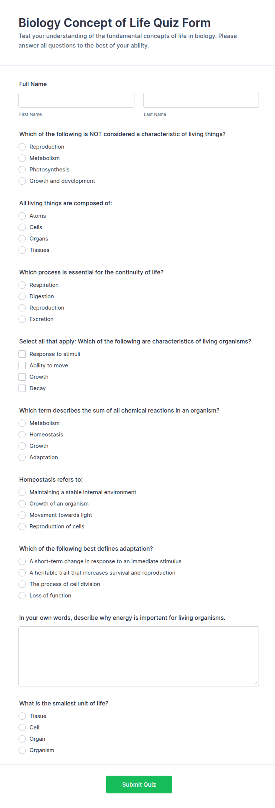 Biology Concept of Life Quiz Form Template | Jotform