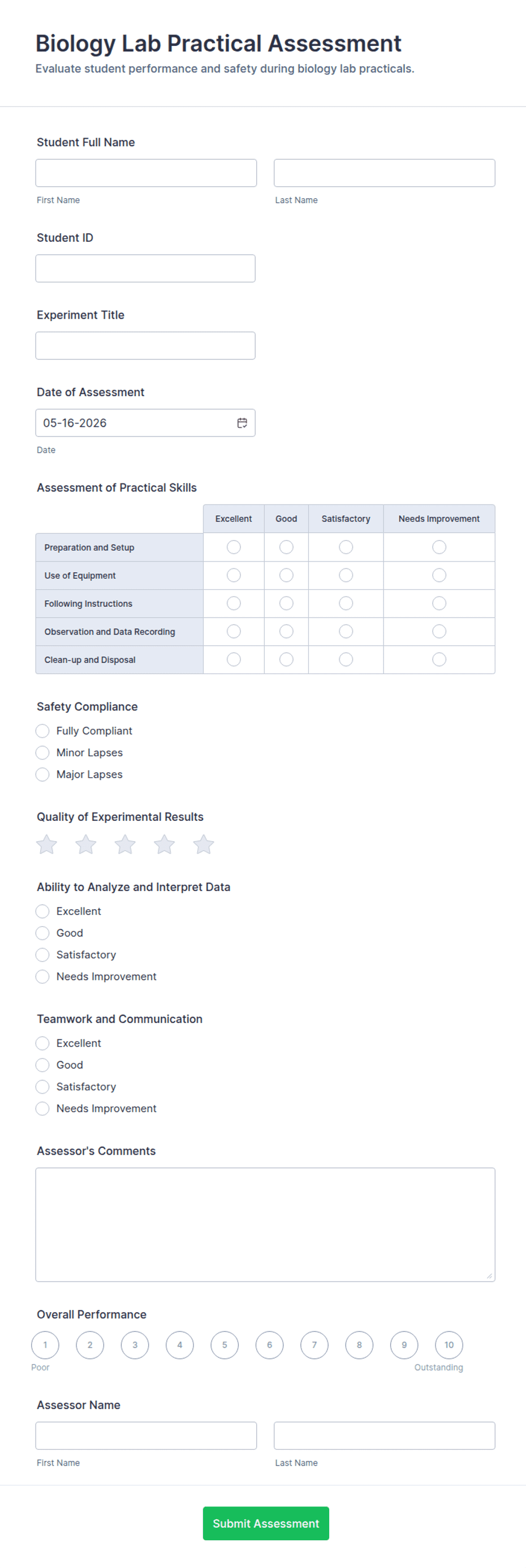 Biology Lab Practical Assessment Form Template | Jotform