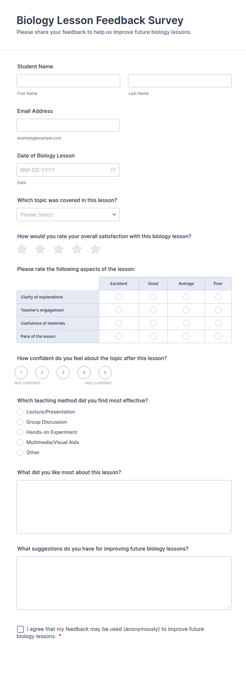 Biology Lesson Feedback Survey Form Template | Jotform