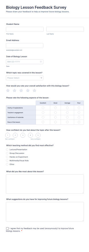 Biology Lesson Feedback Survey Form Template