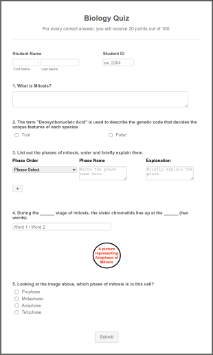 Biology Quiz Form Template