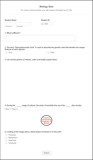 Biology Quiz Form Template