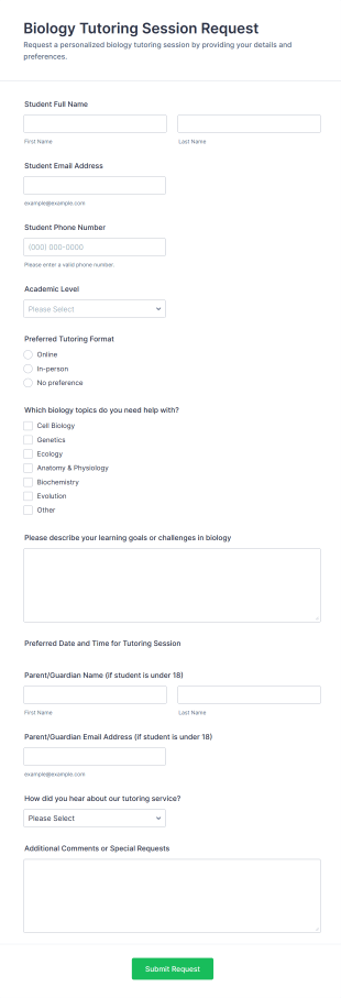 Biology Tutoring Session Request Form Template