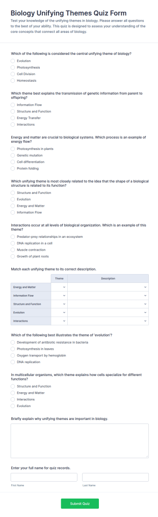 Biology Unifying Themes Quiz Form Template